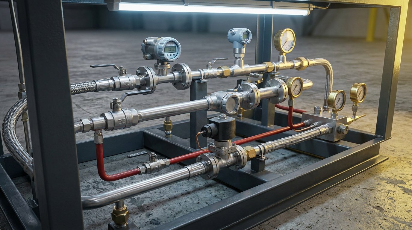 Illustrative render — an industrial fuel metering and ignition skid: stainless-steel pipework with ball and needle valves, an in-line turbine flow meter with digital totaliser, glycerine-filled pressure gauges and a pressure transmitter, a solenoid valve and braided flexible hoses on a painted steel skid