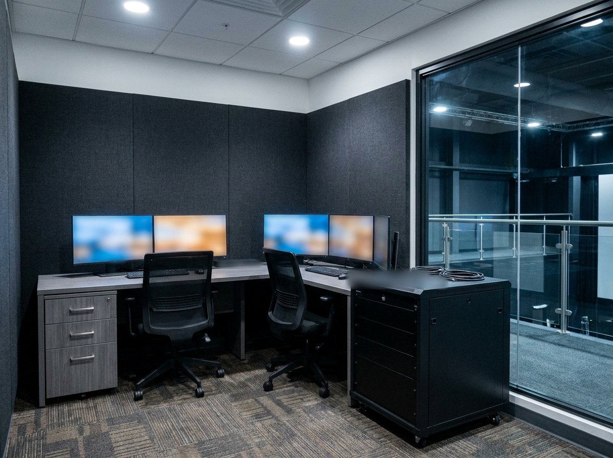 Illustrative image, not a delivered installation — an instructor and after-action-review room: two desks with dual monitors glowing with soft colour-mapped exercise graphics, a communication rack beside them and acoustic wall panels; screens carry no readable text and no people are present