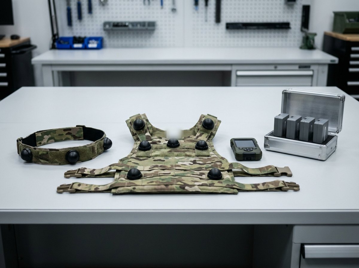 Illustrative image, not a delivered installation — tactical engagement instrumentation laid out on a table: a camouflage sensor vest with small dome sensors, a helmet band with sensor pods, a compact display unit and a charging rack holding battery packs; no weapons are present