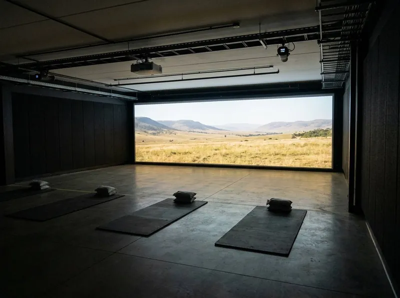 Illustrative image, not a delivered installation — an indoor firing-simulator hall: a wide projection screen showing an open terrain scene, empty firing-point mats on the floor facing it, and a projector rig with sensing optics mounted overhead; no weapons are present