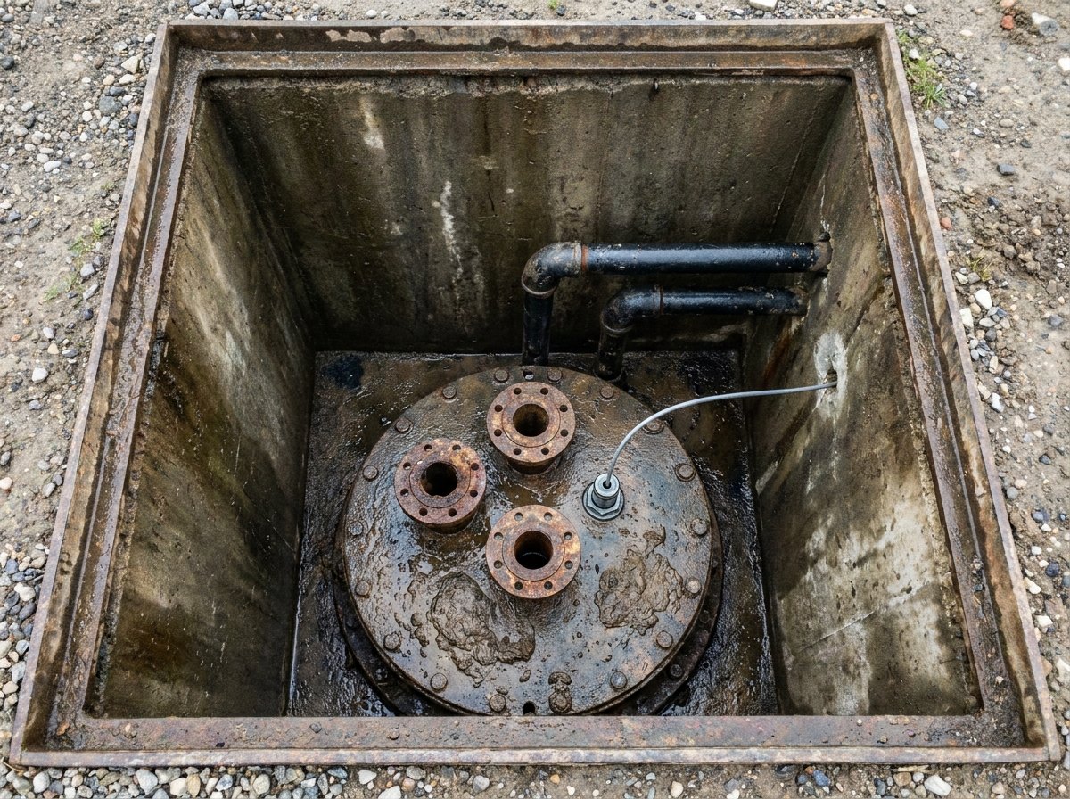 Illustrative image, not a delivered system — looking down into an open square concrete access chamber over the crown of a buried steel tank: a heavy bolted circular manhole cover with three flanged pipe stubs rising from it, a slim monitoring probe entering a sealed gland fitting alongside, coated black pipework turning into the chamber wall, damp grey concrete with water staining, no people and no markings