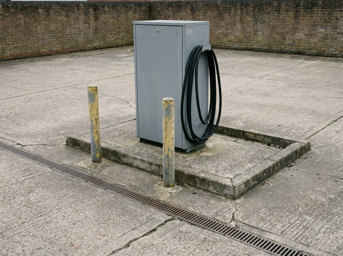 Illustrative image, not a delivered system — a fuel dispensing point on a concrete hardstanding: a plain grey steel dispenser cabinet on a raised plinth with a low kerbed containment surround, a thick black hose coiled into its holster, two protective bollards in front, a slotted drainage channel across the hardstanding, low boundary wall behind, overcast daylight, no people and no branding