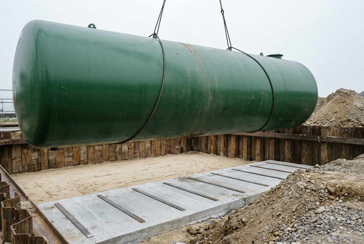 Illustrative image, not a delivered system — a large horizontal cylindrical steel storage tank hanging on lifting slings above an open excavation: plain dark green coated steel about six metres long with welded lifting lugs and flat strap seats, the pit below bedded with pale sand and a poured concrete ballast slab with steel hold-down straps laid ready, timber shoring to the pit walls, excavated spoil to one side, overcast light, no people and no markings