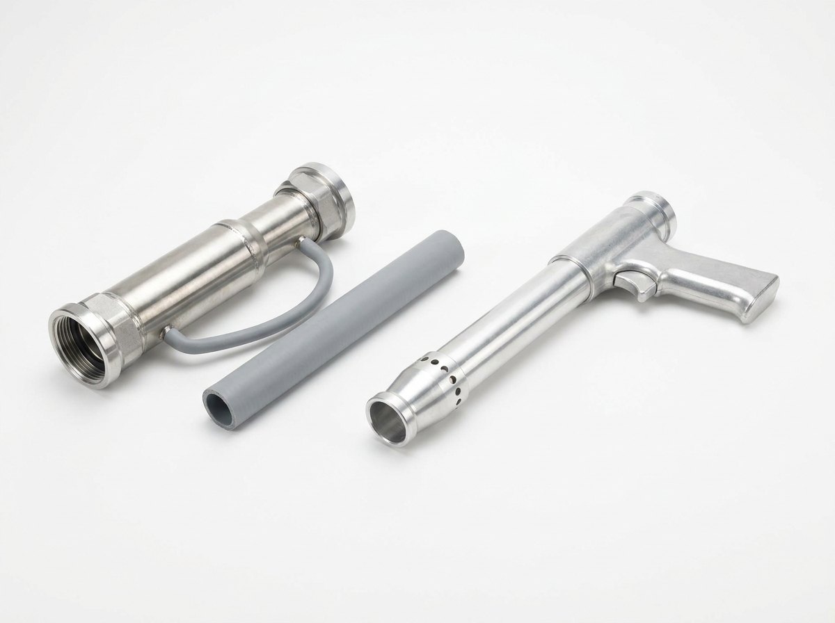 A single foam eductor and branchpipe set laid side by side on a plain white studio background: a bright stainless inline eductor body with a threaded hose coupling at each end and a small side port with a short grey pickup hose, a length of plain grey flexible hose, and a bright aluminium aspirating foam branchpipe with a pistol grip and a ring of small air inlet holes near the front, and no people
