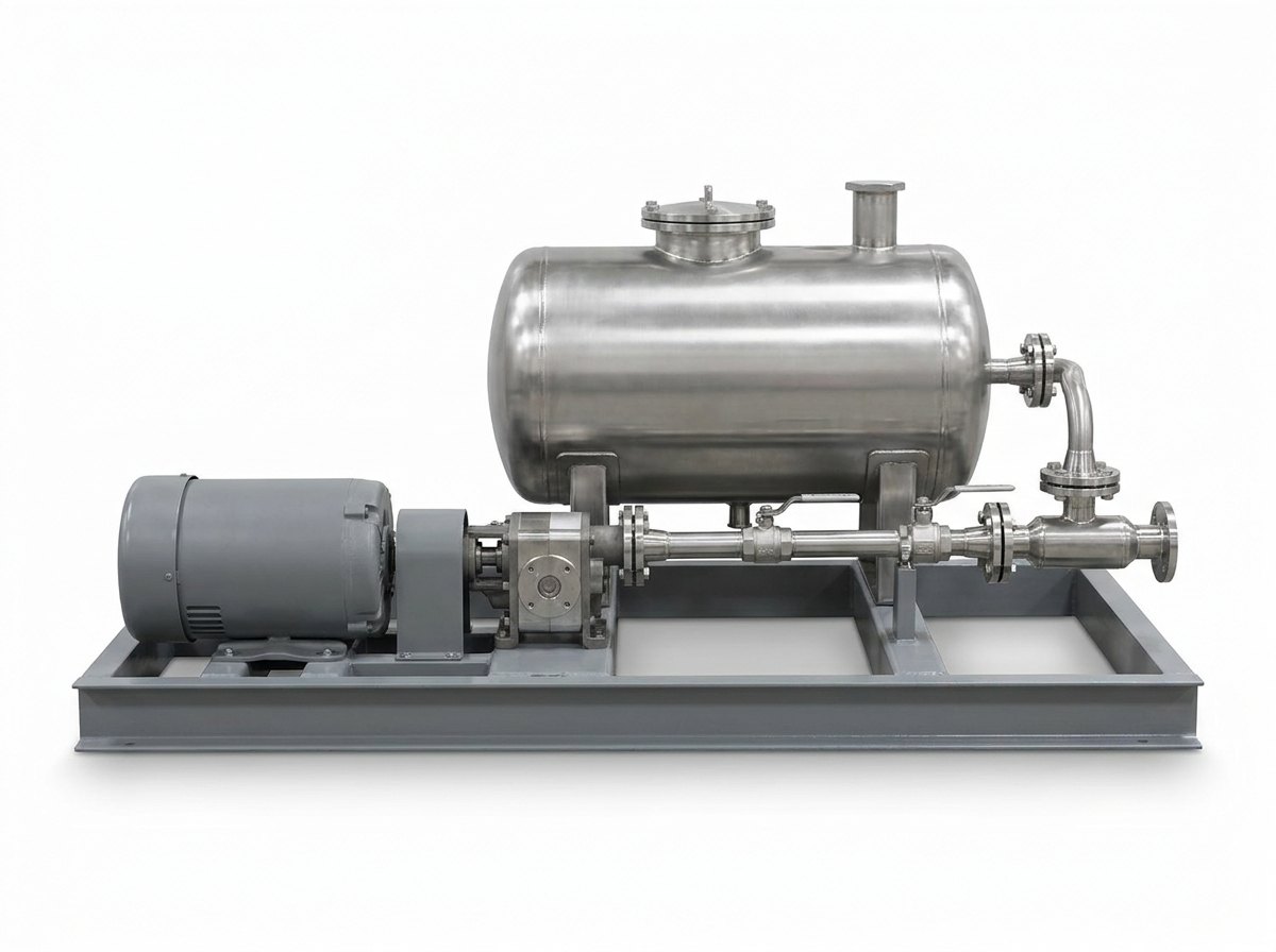 A single foam proportioning skid on a plain white studio background: a heavy grey painted steel base frame carrying a plain grey electric motor coupled to a compact gear pump, a large horizontal cylindrical stainless steel foam concentrate vessel on two saddles with a round manway cover and a short filler neck, and a stainless balanced-pressure proportioner with flanged pipework and two lever ball valves, and no people