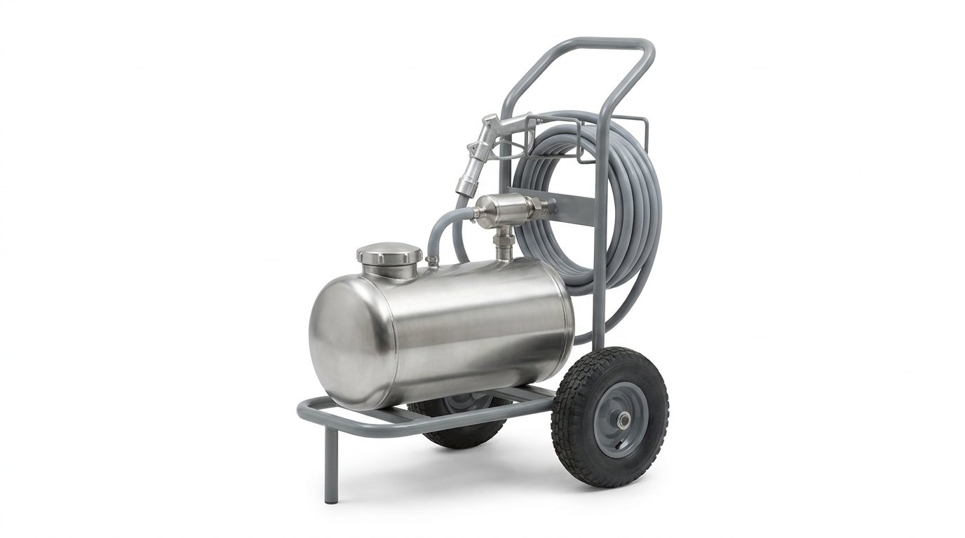 A single mobile foam trolley on a plain white studio background: a sturdy grey painted steel tubular frame on two large pneumatic wheels with a long push handle, carrying a horizontal cylindrical bright stainless steel foam concentrate vessel with a round filler cap, a compact stainless inline eductor with a short grey pickup hose into the vessel, a coil of plain grey flexible hose on a rack and a bright aluminium branchpipe with a pistol grip, and no people