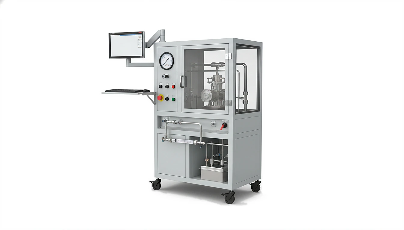 Fuel Pump Test Rig, front view - control panel with touchscreen HMI, interlocked transparent test chamber with the pump under test, stainless pipework and casters