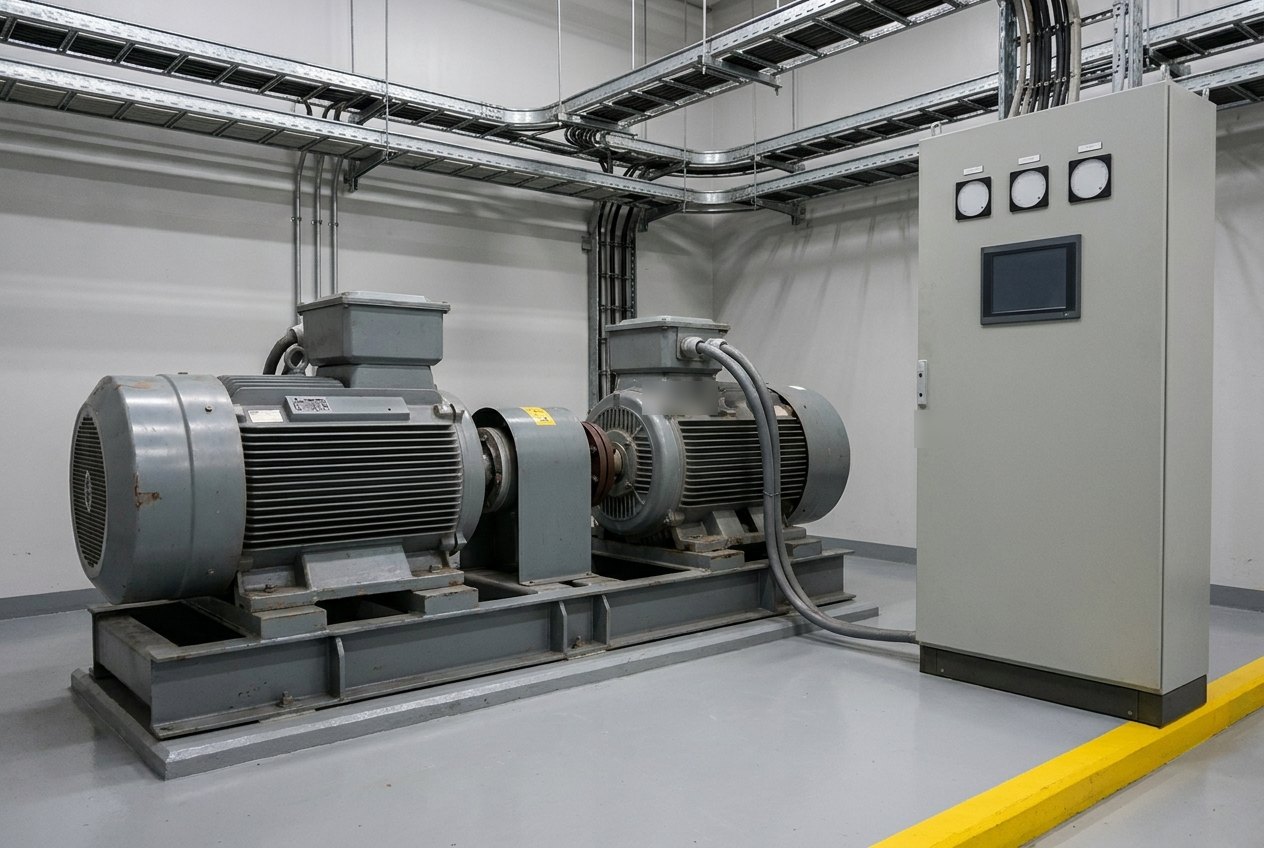 Illustrative image, not a delivered system — a rotary frequency-converter set in a machine hall: two coupled grey electrical machines mounted on a common steel bedplate with a guarded coupling between them, cable trays overhead, a grey control cubicle with blank round meters beside the set, clean painted floor, no people and no text