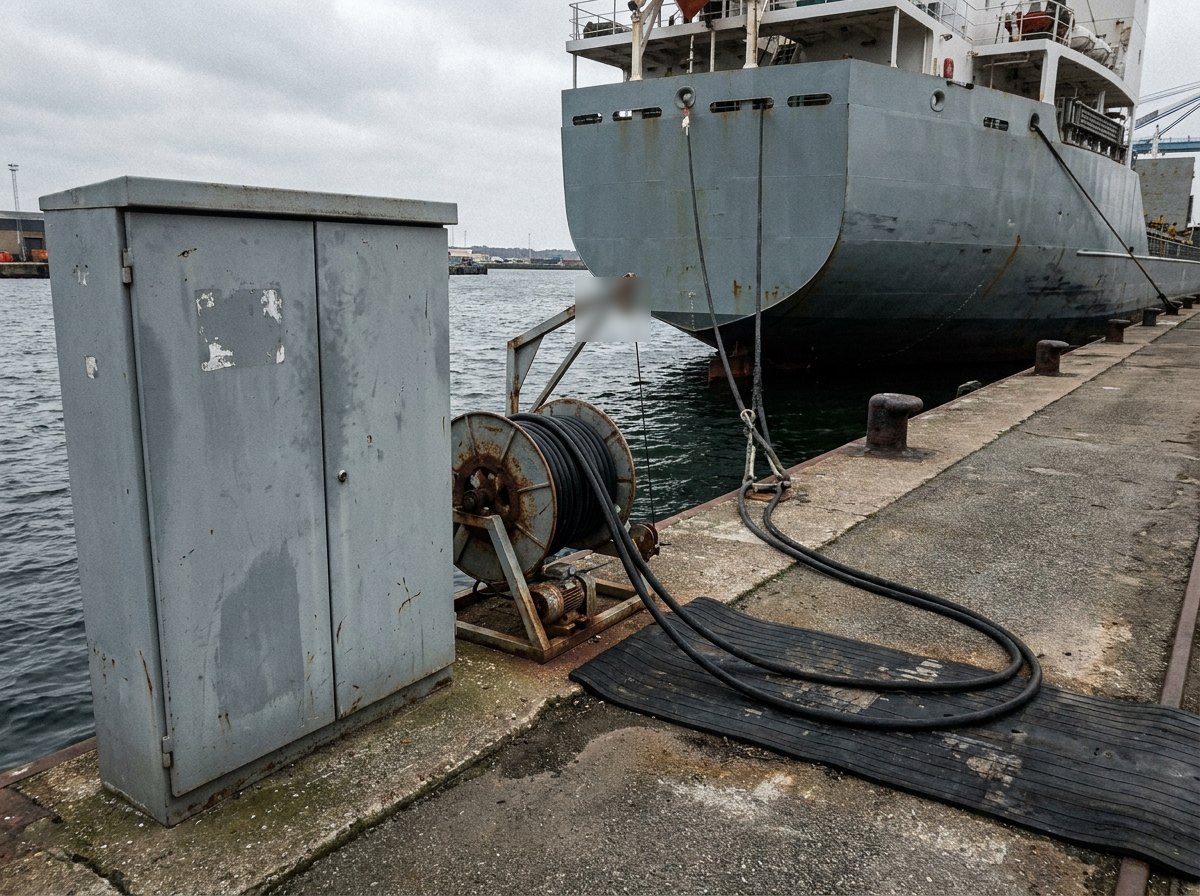 Illustrative image, not a delivered system — a quayside shore power supply station: a grey weatherproof connection cabinet on a concrete quay edge, a motorised cable reel on a small davit frame beside it paying heavy black cables toward the plain unmarked grey side of a ship at the berth, bollards and harbour water beyond, overcast light, no people and no text
