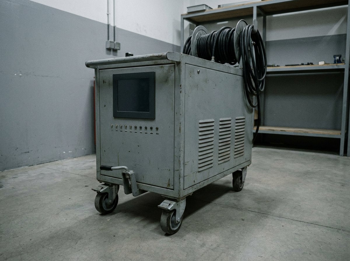 Illustrative image, not a delivered system — a trolley-mounted static frequency converter: a grey wheeled cabinet about chest height with a tow handle, louvred side panels, one blank dark display and a row of unlabelled indicator lamps on its face, a heavy output cable coiled on an integral reel at the rear, workshop floor, no people and no text