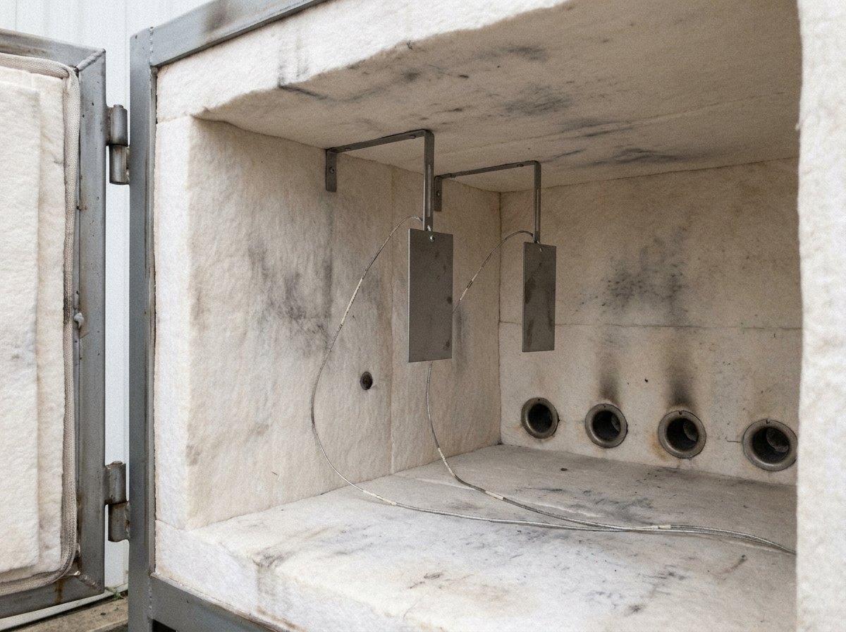 Illustrative image, not a delivered system — looking into the open chamber of a cold fire resistance test furnace during inspection: a row of round burner openings set low along the pale ceramic-fibre lined side wall, the soft off-white fibre lightly soot-stained, two flat rectangular steel plate thermometers hanging on slim brackets out in the chamber with thin sheathed leads running back through the wall, the heavy hinged door standing open at the left, flat daylight, no fire, no people and no markings
