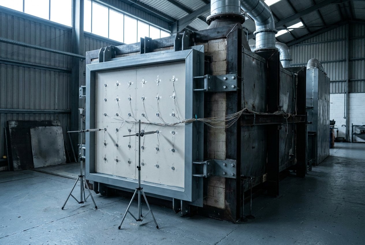 Illustrative image, not a delivered system — a vertical fire resistance test furnace in an industrial hall seen from the unexposed side: a plain flat test panel mounted in a heavy steel restraint frame bolted to the furnace face, small round disc thermocouple pads taped in a regular grid across the pale panel with thin wires gathered sideways into a loom, two slim displacement transducers on tripod floor stands, the insulated furnace body and flue ductwork behind, cold and unattended, no flame, no people and no markings