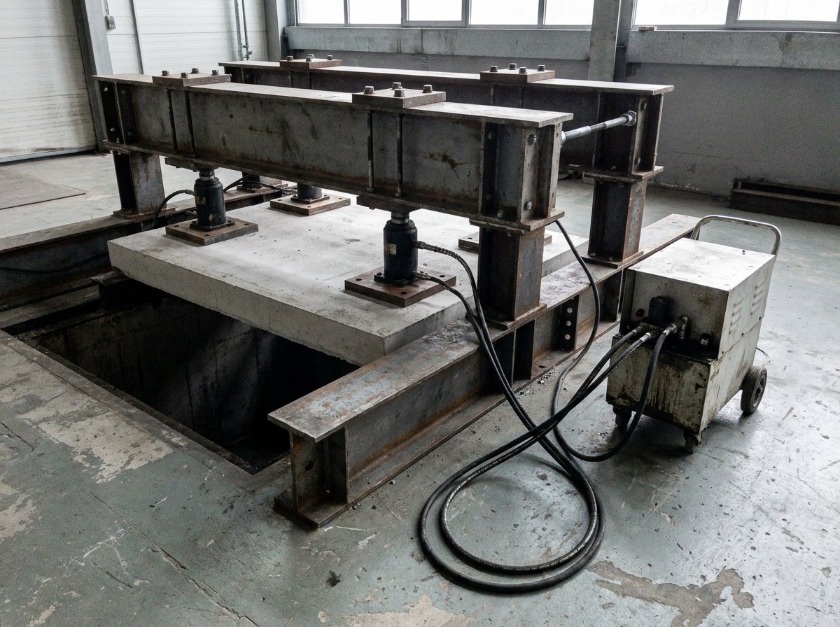 Illustrative image, not a delivered system — a heavy horizontal steel restraint frame standing over the roof opening of a fire resistance test furnace: four short hydraulic jacks in the frame pressing down through square steel spreader plates onto a thick plain concrete floor slab laid across the dark opening, braided hydraulic hoses looping from the jacks to a small wheeled power pack on the floor, bolted beams and tie rods, painted concrete floor, flat grey daylight, cold and unattended