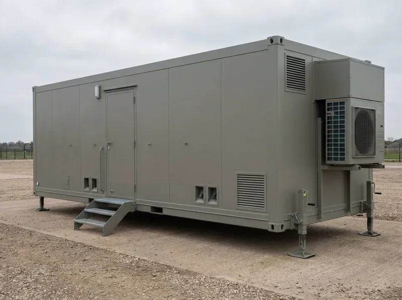 Illustrative image, not a delivered installation — a deployed ISO-frame hardened field shelter on level ground with an access door and steps, an external HVAC unit, cable and antenna entry plates and corner levelling jacks, plain and unmarked, no text and no people