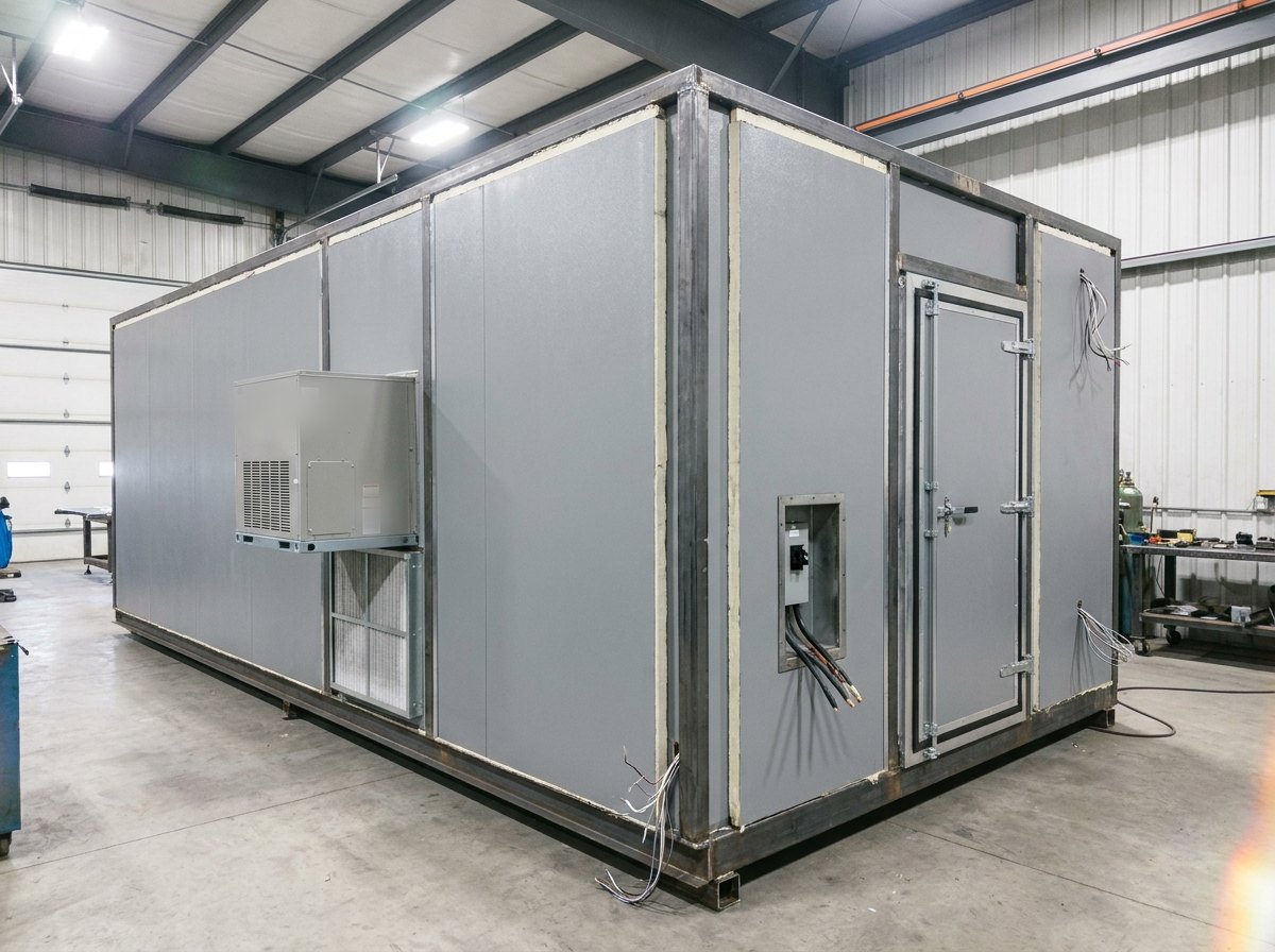 Illustrative image, not a delivered installation — a field-shelter shell in a fabrication bay: a welded steel frame with insulated sandwich-panel walls and ISO corner castings, an external HVAC unit, a filtration/over-pressure unit and a power inlet on the wall and an EMI-shielded door, plain and unmarked, no text and no people