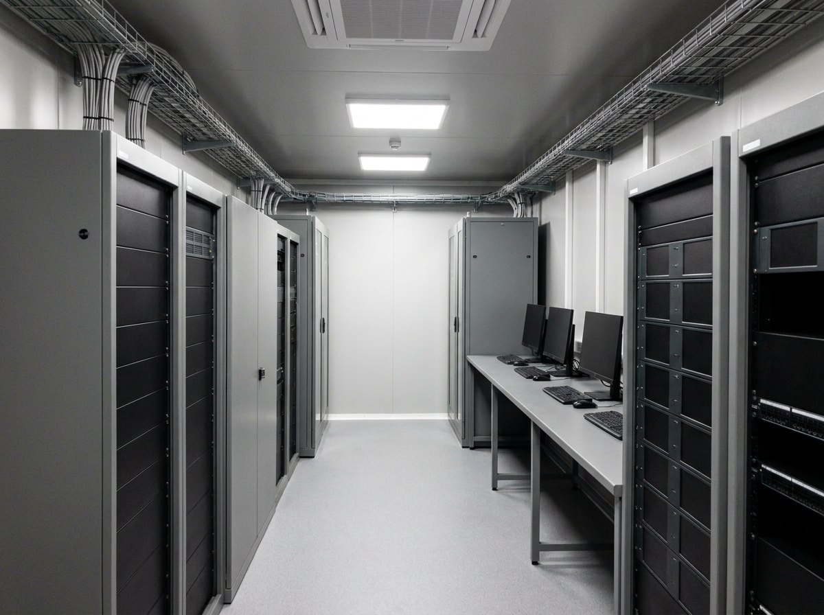 Illustrative image, not a delivered installation — the fitted interior of a field technical shelter with equipment racks and cabinets, a worktop console with blank dark screens, neat cabling and trunking, LED lighting and an air outlet, empty, no readable screens and no people