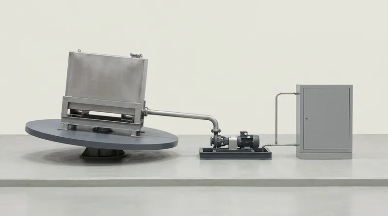 An aircraft fuel system test rig: a plain metal tank on a tilting circular attitude platform, joined by pipes to a pump skid and a plain grey instrument cabinet, and no people