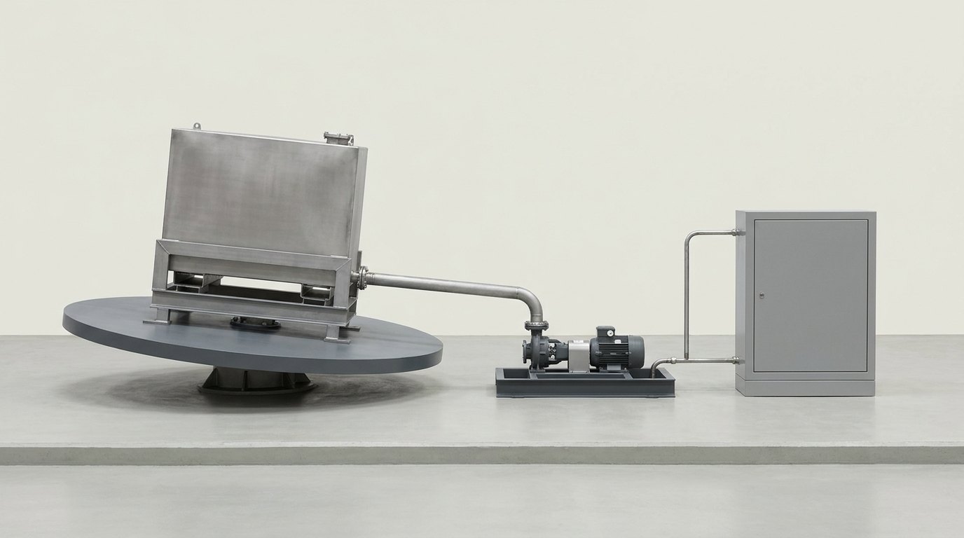 An aircraft fuel system test rig: a plain metal tank on a tilting circular attitude platform, joined by pipes to a pump skid and a plain grey instrument cabinet, and no people