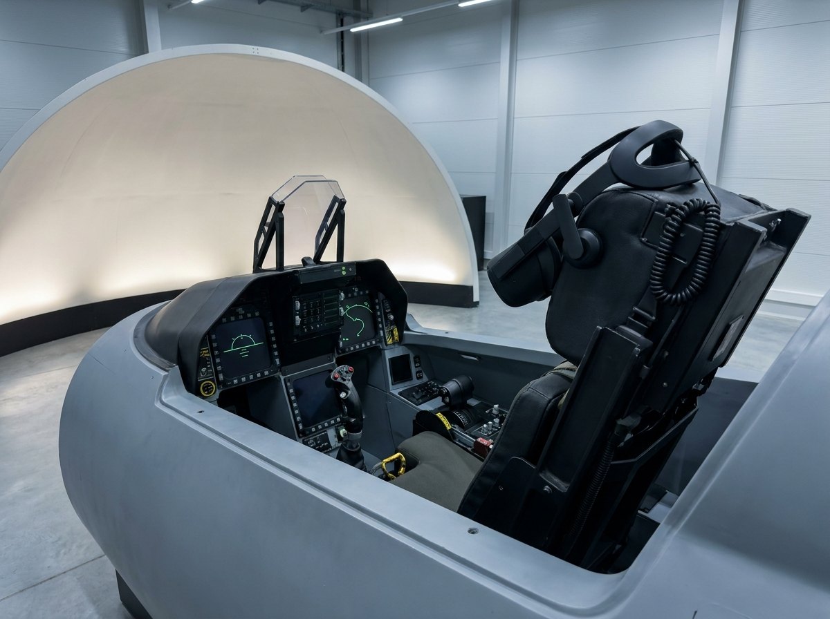 Fast-jet trainer simulator cockpit with an XR headset resting on the ejection-seat headbox, glass displays dark, projection dome behind
