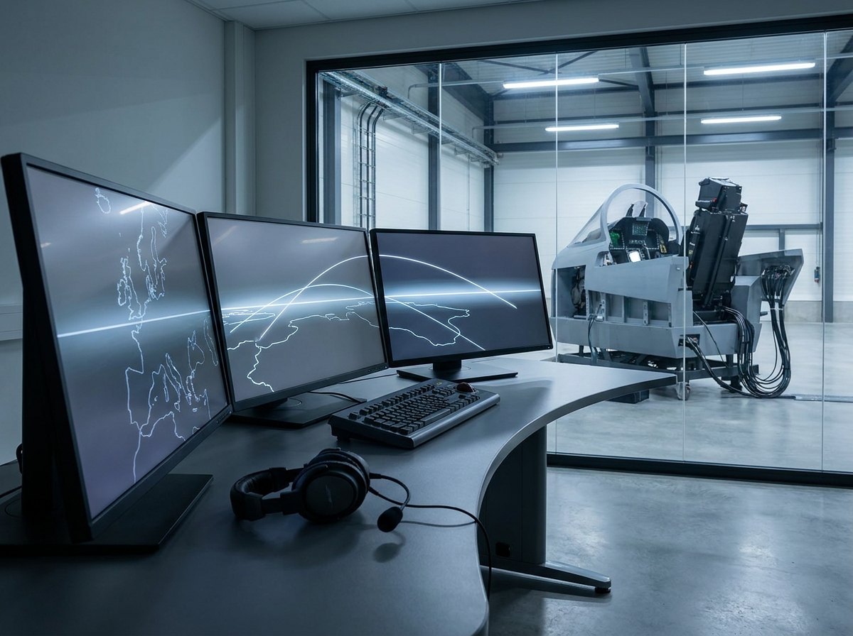 Instructor operator station with a row of consoles showing plain map and flight-path graphics, facing a simulator cockpit through a glass partition