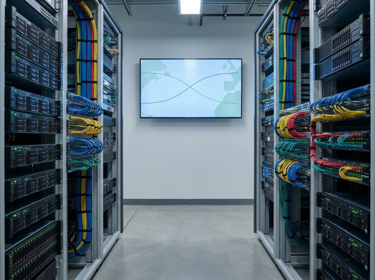 Equipment room for a networked simulator complex: new image-generation and host computer racks cabled and running beside network switches, with a debrief display showing plain flight-path traces
