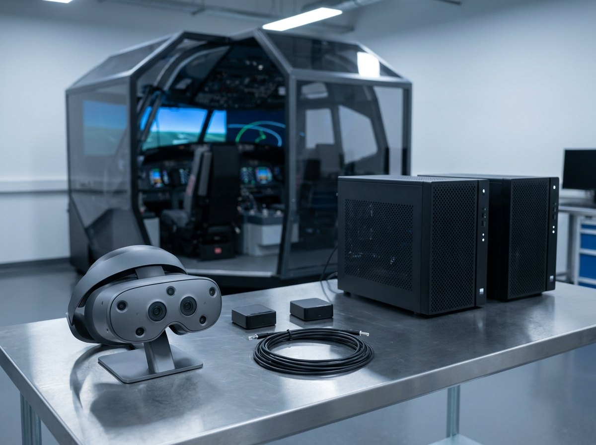 XR headset and its tracking modules laid out on a bench beside new image-generation computers, with a trainer simulator cockpit in the background