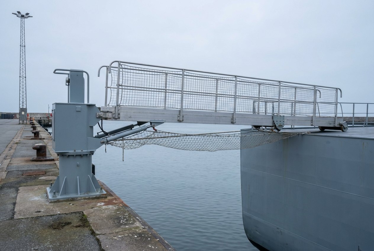 Illustrative image, not a delivered installation — a telescopic shore gangway on a slewing pedestal at a quay edge, luffing cylinders beneath, its telescoping span reaching down to rest a rolling shoe on a plain unmarked grey deck edge, handrails and mesh, harbour water below, no ship superstructure, no names and no people