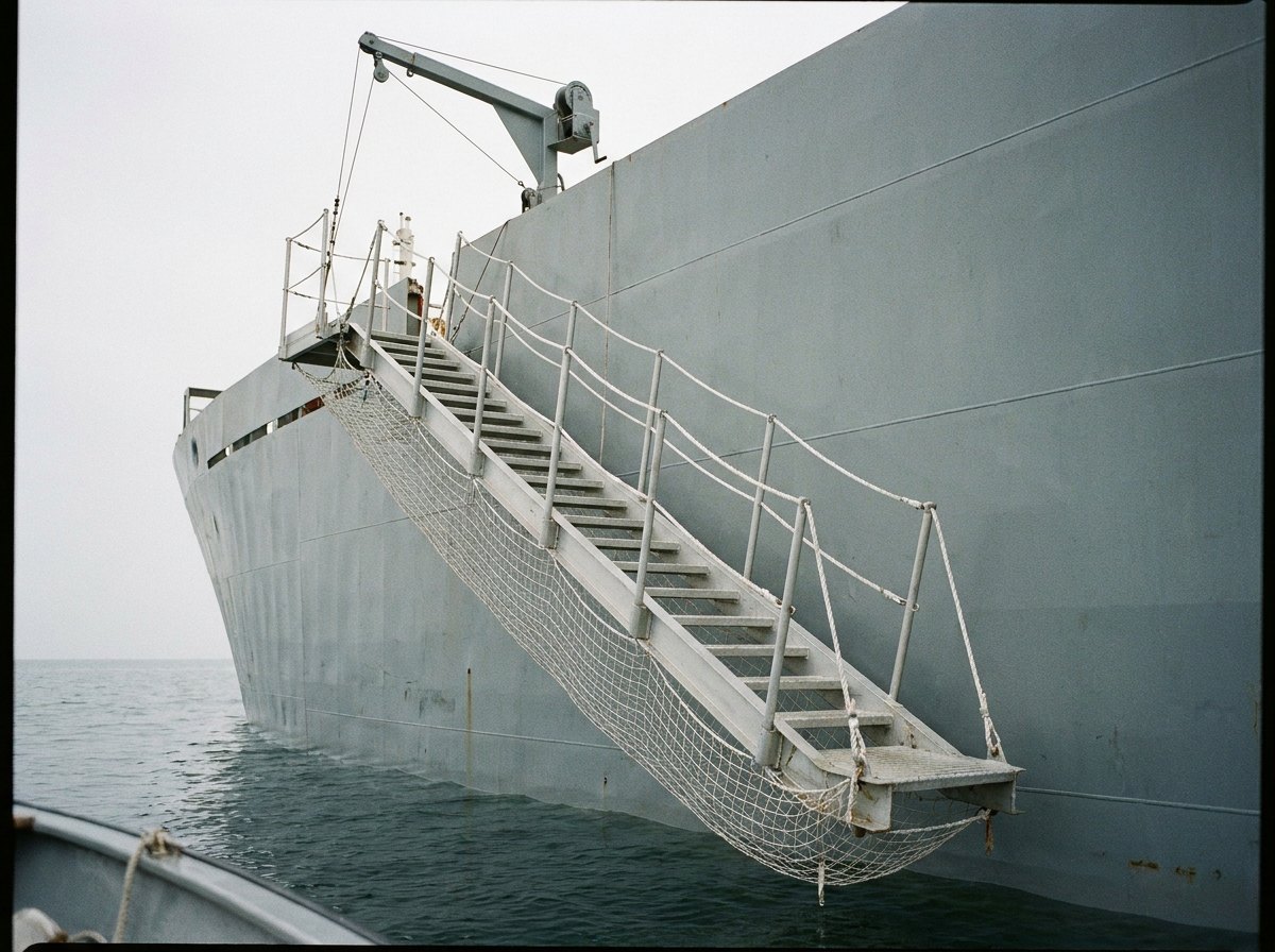 Illustrative image, not a delivered installation — a ship's accommodation ladder rigged on a plain grey unmarked hull side: an aluminium stair flight with self-levelling treads, an upper platform with davit arm and winch above, a lower platform near the waterline, handrails, stanchions and a rigged safety net, no markings and no people