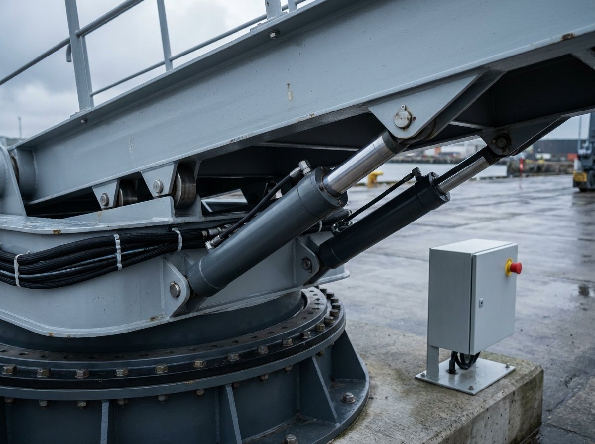 Illustrative image, not a delivered installation — the pedestal end of a telescopic gangway: a slewing bearing ring, two luffing hydraulic cylinders, telescoping guide rollers and a small control pedestal with a blank panel and emergency stop, with neat hydraulic hoses, no text and no people