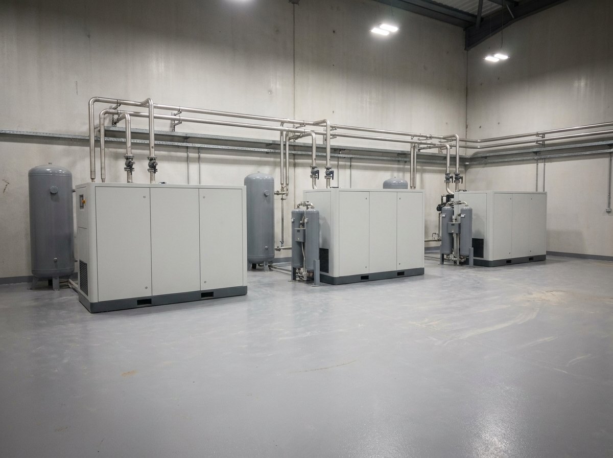 Illustrative image, not a delivered installation — the compressor room of a ground air supply station: three packaged screw compressor units in plain grey enclosures in a row, each with its vertical air receiver and a twin-tower desiccant drier beside it, connected by overhead stainless pipework in a clean plant room