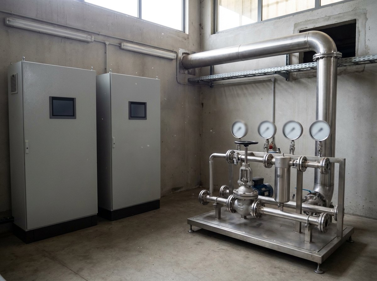 Illustrative image, not a delivered installation — the control side of a ground air supply station: two grey electrical control cabinets with blank HMI screens beside a pressure regulation skid carrying valves, a filter housing and gauges with plain faces, with a large-bore stainless pipe run leaving the room on an overhead rack