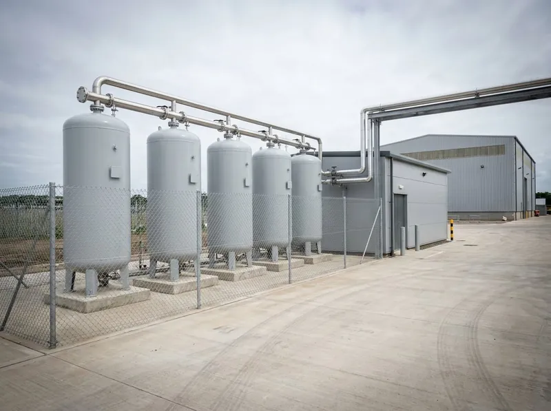 Illustrative image, not a delivered installation — the open-yard air storage farm of a ground air supply station: a row of large vertical welded air receivers on concrete plinths behind a mesh fence, connected by stainless headers, with a plain equipment building and pipe rack running toward a test cell block in the background