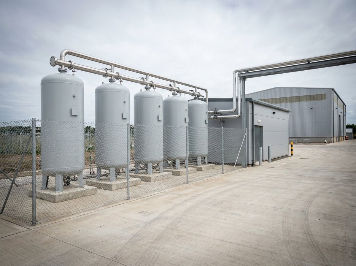 Illustrative image, not a delivered installation — the open-yard air storage farm of a ground air supply station: a row of large vertical welded air receivers on concrete plinths behind a mesh fence, connected by stainless headers, with a plain equipment building and pipe rack running toward a test cell block in the background