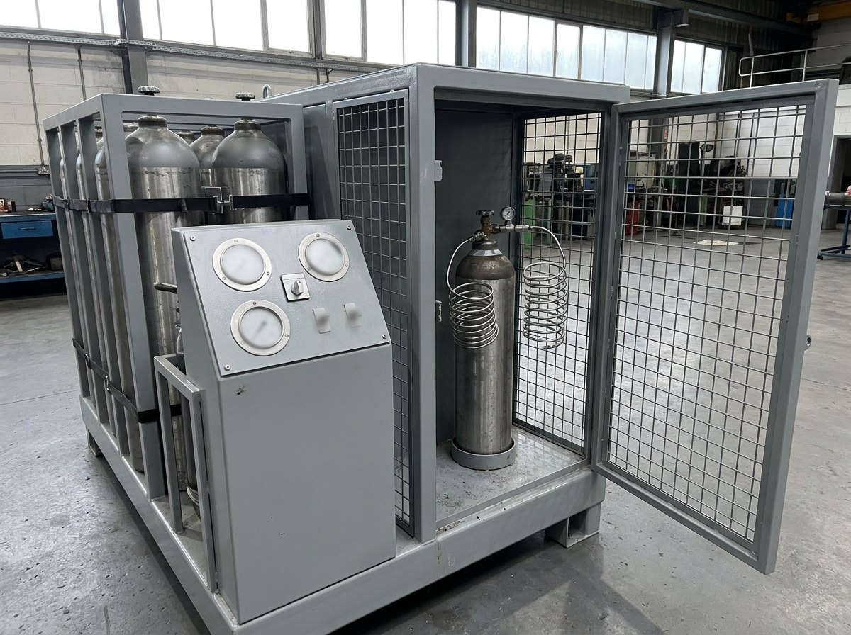 Illustrative image, not a delivered installation — the filling side of a high-pressure compression unit: a steel filling box with its guard open showing a cylinder connection with gauge and valve, beside an operation panel carrying pressure gauges, a rotary selector and toggle switches, and a rack of vertical high-pressure storage cylinders strapped in place