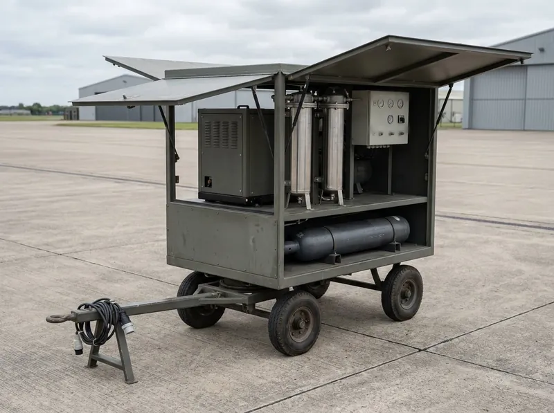 Illustrative image, not a delivered installation — a mobile gas compression unit: a four-wheel trolley with a braked towing bar carrying an enclosed high-pressure compressor unit under an openable canopy, with a control panel, tall purification cartridge housings and a small bank of storage cylinders, parked on a concrete apron