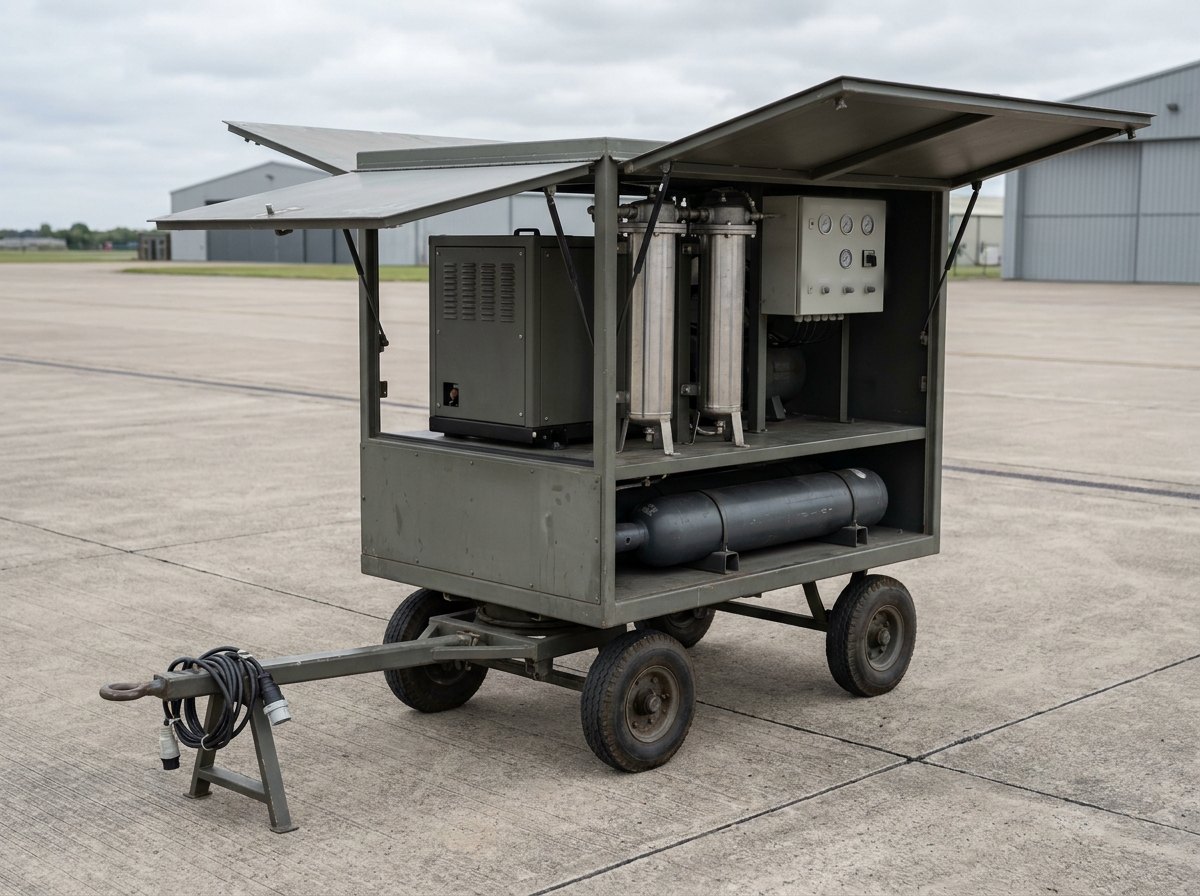 Illustrative image, not a delivered installation — a mobile gas compression unit: a four-wheel trolley with a braked towing bar carrying an enclosed high-pressure compressor unit under an openable canopy, with a control panel, tall purification cartridge housings and a small bank of storage cylinders, parked on a concrete apron