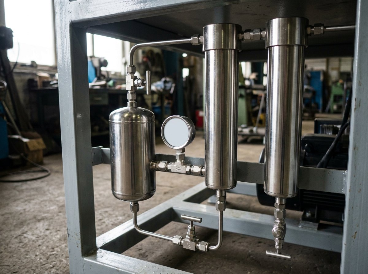 Illustrative image, not a delivered installation — the purification train of a high-pressure compressor unit: a compact oil-and-water separator vessel and two tall slender purifying cartridge housings in polished stainless steel, plumbed in small-bore stainless tubing with a gauge and valves, mounted on a steel frame