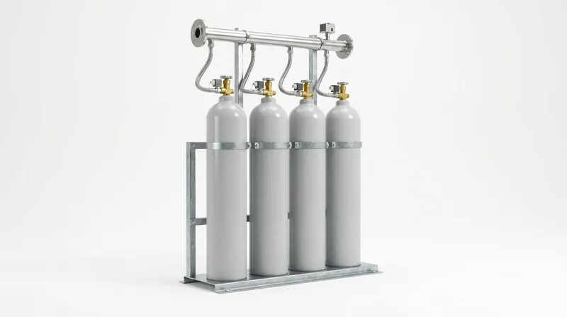 A single gas cylinder bank on a plain white studio background: four tall slim plain light grey gas cylinders standing upright side by side in a galvanised steel rack on a flat steel base, each topped with a brass valve and a small solenoid actuator and a braided stainless steel hose leading up to a common stainless steel manifold header with a flange at each end and a small pressure switch, and no people