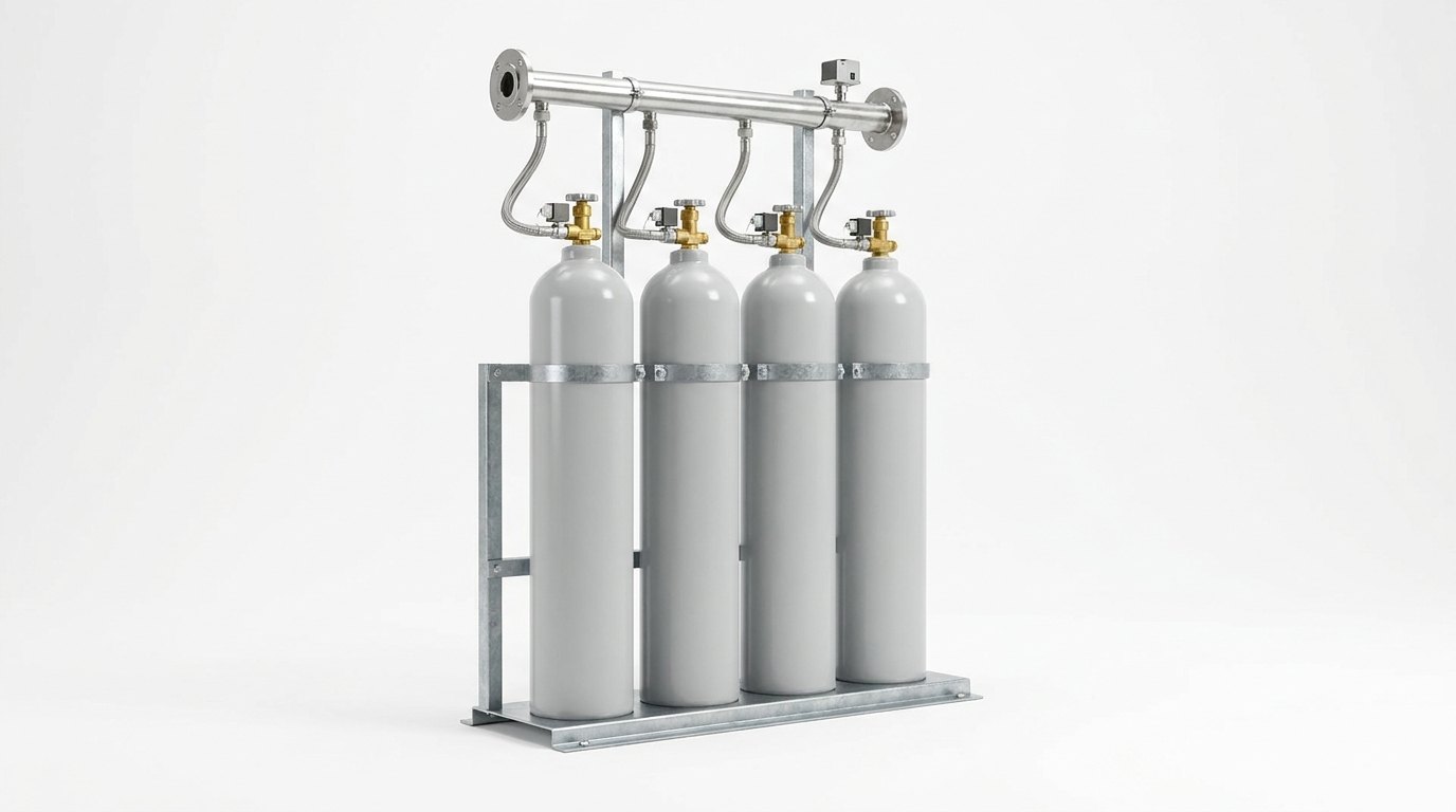 A single gas cylinder bank on a plain white studio background: four tall slim plain light grey gas cylinders standing upright side by side in a galvanised steel rack on a flat steel base, each topped with a brass valve and a small solenoid actuator and a braided stainless steel hose leading up to a common stainless steel manifold header with a flange at each end and a small pressure switch, and no people