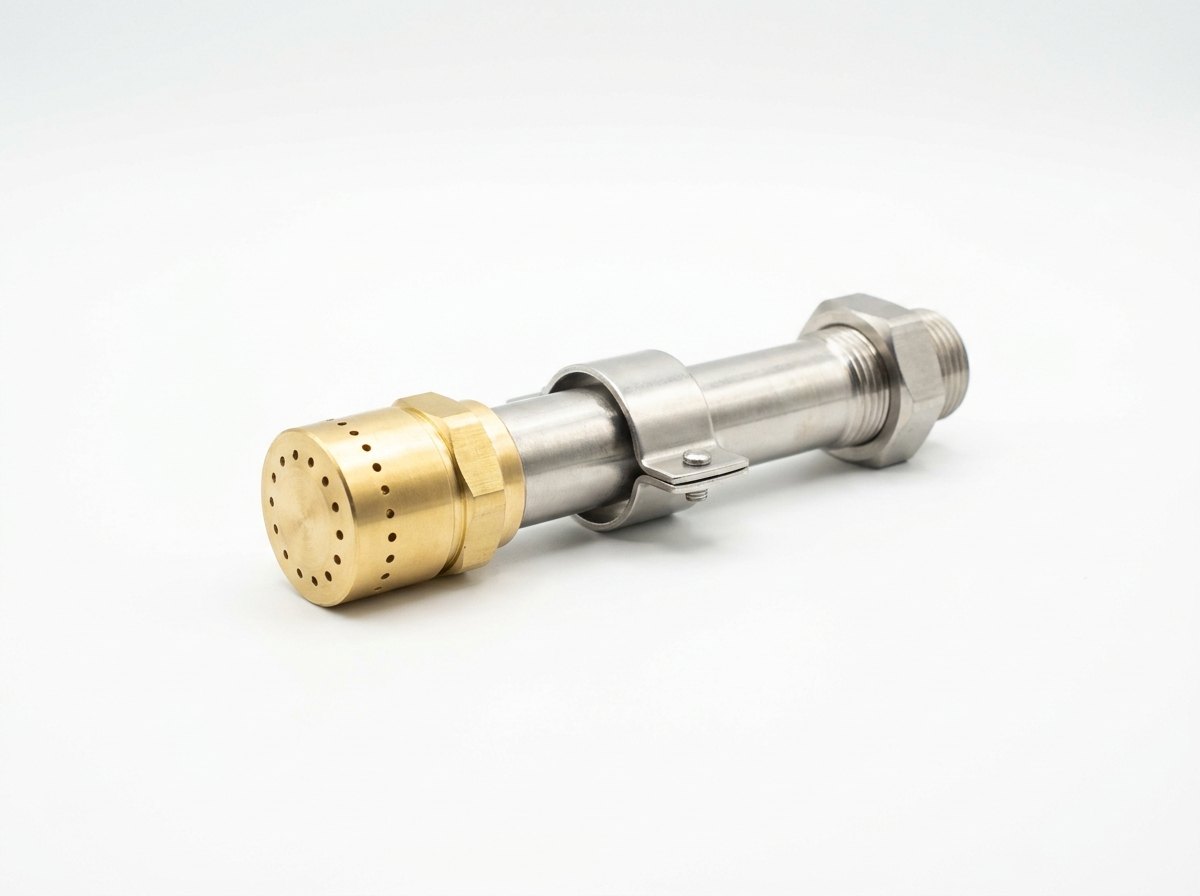 A single gas discharge nozzle assembly lying on its side on a plain white studio background: a short length of bright stainless steel pipe with a threaded union at one end, a machined brass discharge nozzle drilled with a ring of small round orifices at the other end, and one stainless steel pipe support clamp, and no people
