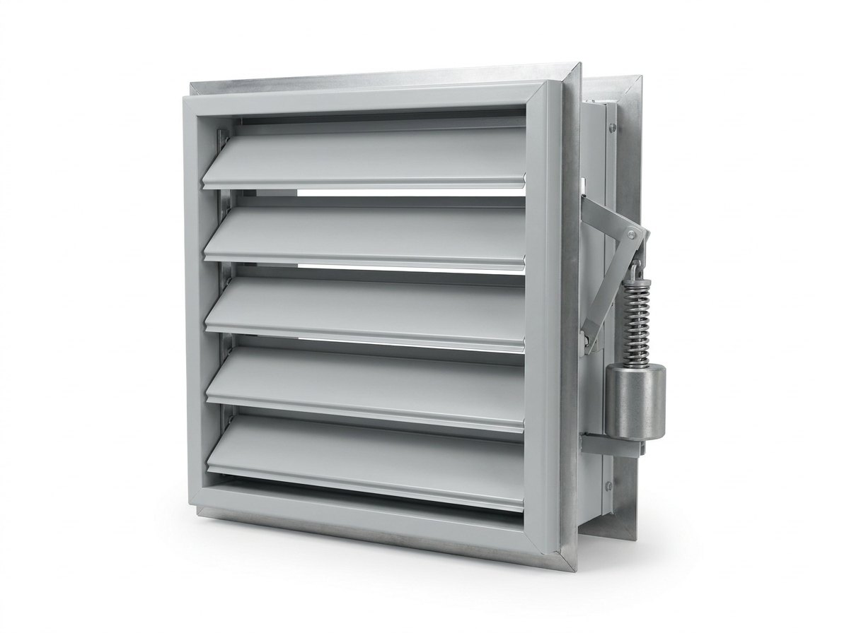 A single pressure relief vent on a plain white studio background: a square galvanised steel frame with a mounting flange all round, a row of flat grey steel louvre blades hinged along their top edges, and a spring-loaded counterweight arm with a cylindrical weight on one side, and no people