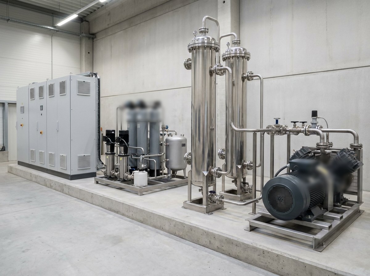Illustrative image, not a delivered installation — the balance of plant of a green hydrogen plant: grey electrical rectifier and control cabinets on the left, a water-treatment skid with vessels and pumps in the centre, two tall stainless gas purification and drying columns, and a compressor package, joined by stainless pipework on a concrete plinth