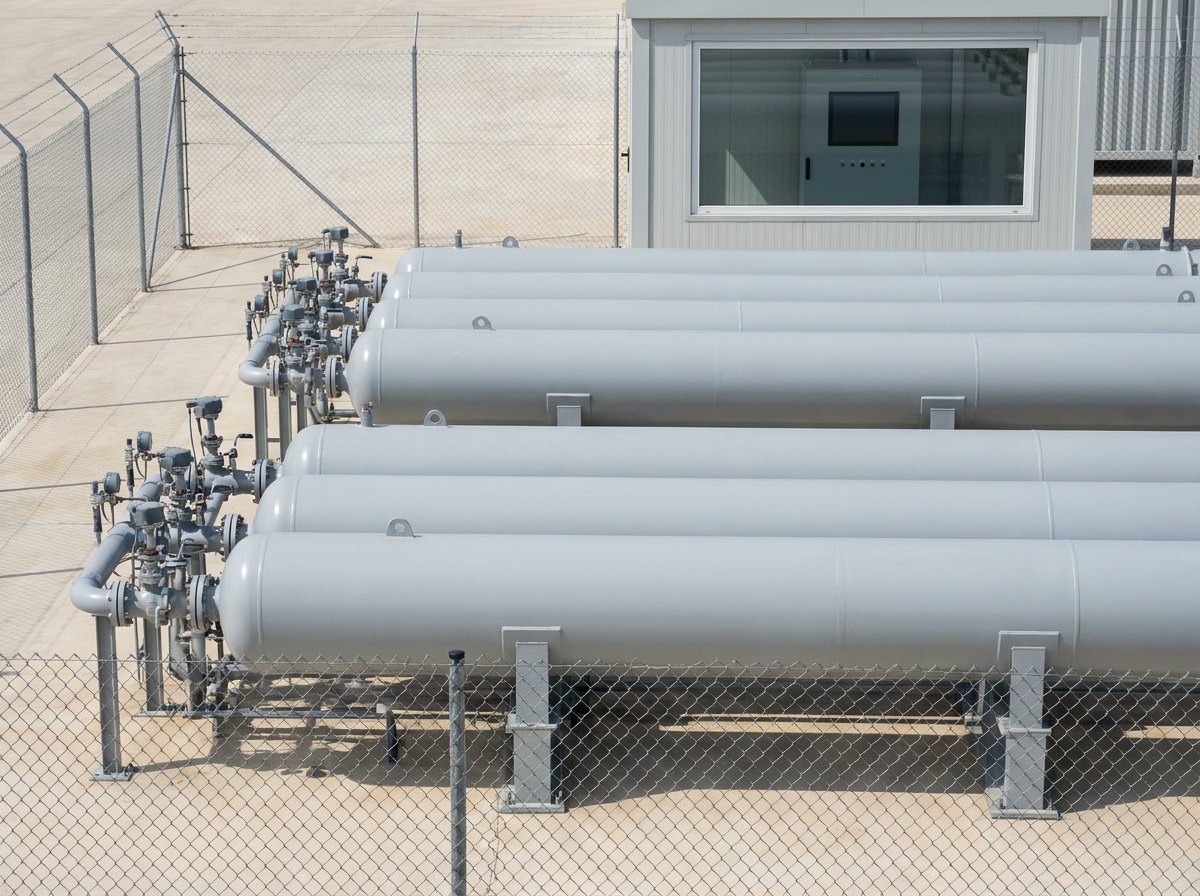Illustrative image, not a delivered installation — hydrogen storage and control: a fenced bank of long horizontal high-pressure hydrogen storage tubes on steel saddles outdoors, and inset, a clean control room with a grey panel carrying a blank operator screen and status indicators