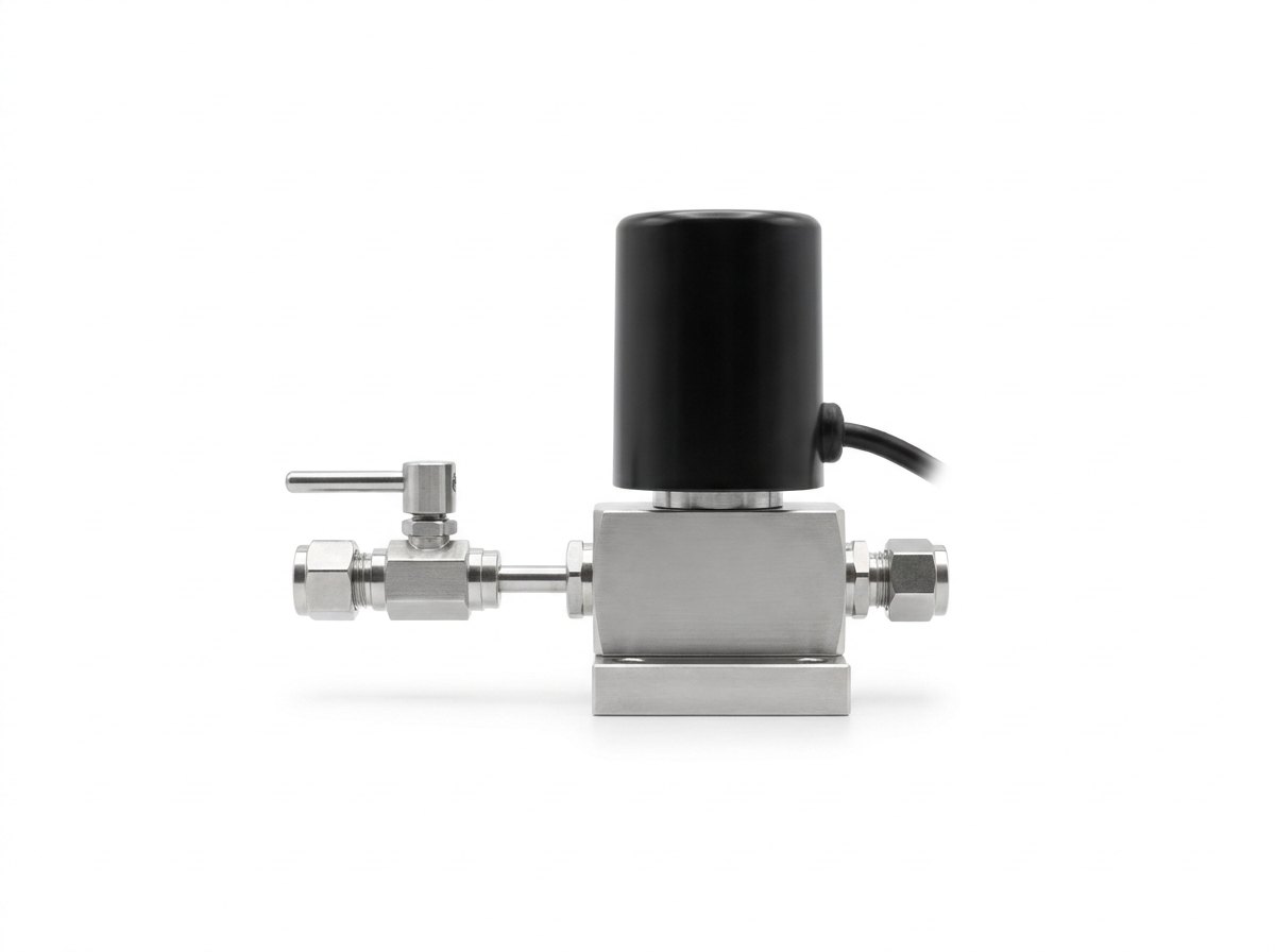 A mass-flow controller assembly on a plain white studio background: a stainless steel block with a compression fitting at each end and a smooth black cylindrical electronics housing on top with a short black cable, a small shut-off valve with a straight lever ahead of the inlet, and a small stainless base block, and no people