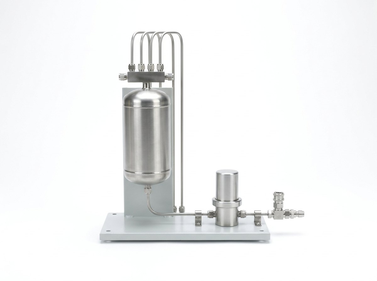 A mixing vessel and outlet on a plain white studio background: an upright stainless steel cylindrical vessel with domed ends in front of a pale grey support on a grey base plate, a stainless manifold block above it with four thin tubes looping up into its top fittings, and an outlet tube running to a plain cylindrical regulator body and a small valve with a quick-connect fitting, and no people