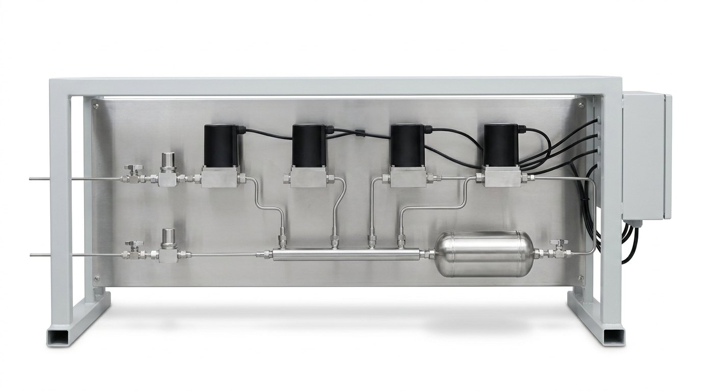 A gas mixing panel on a plain white studio background: a pale grey steel frame holding a stainless steel back plate, on which a row of four stainless mass-flow controllers with smooth black electronics housings are joined by thin stainless tubes to a manifold, a stainless mixing vessel and an outlet valve, two inlet lines at the left each passing through a small valve and a regulator body, black cables running to a grey junction box at the right, and no people