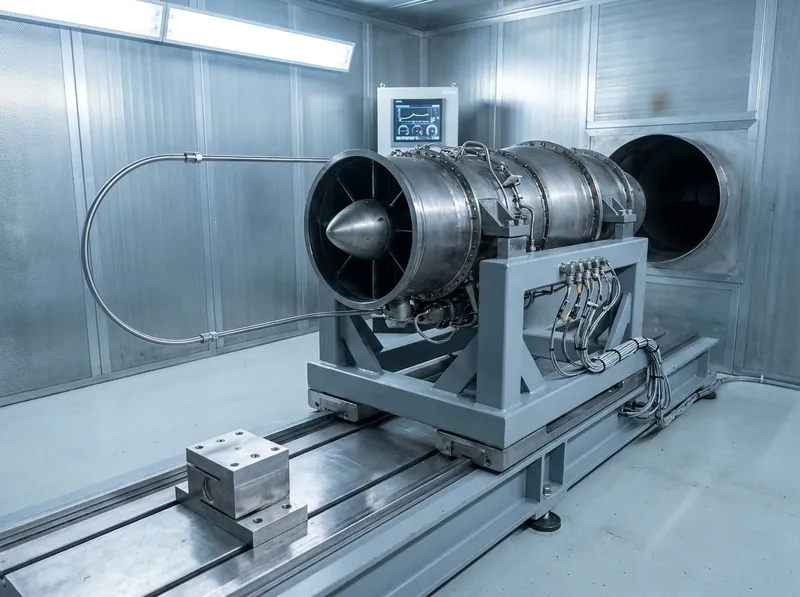 Small gas-turbine engine mounted in a cradle on a flexure thrust stand inside a test cell, fuel and instrumentation lines dressed to one side