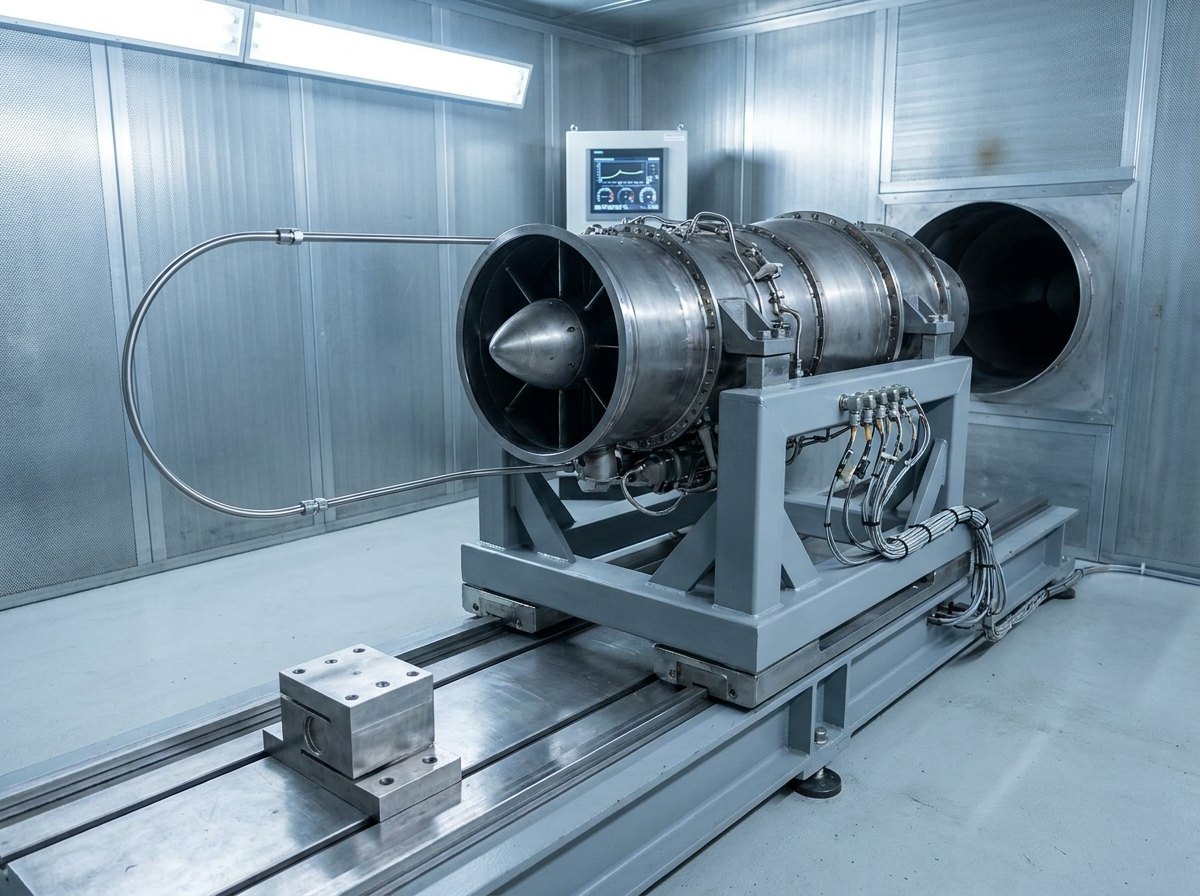 Small gas-turbine engine mounted in a cradle on a flexure thrust stand inside a test cell, fuel and instrumentation lines dressed to one side