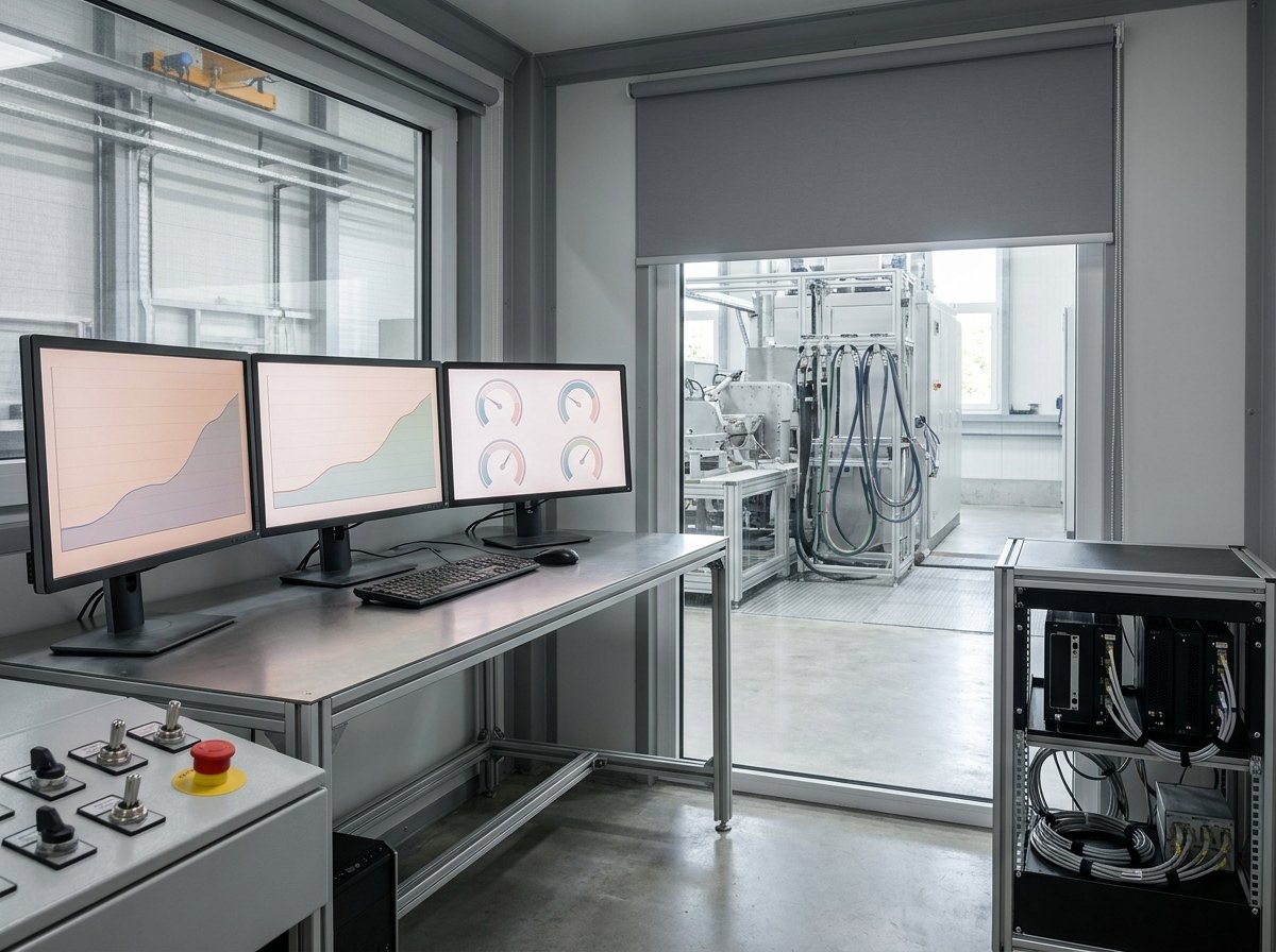 Engine test control cabin interior with a desk of monitors showing plain trend curves and dial graphics, a window blind and racked instrumentation