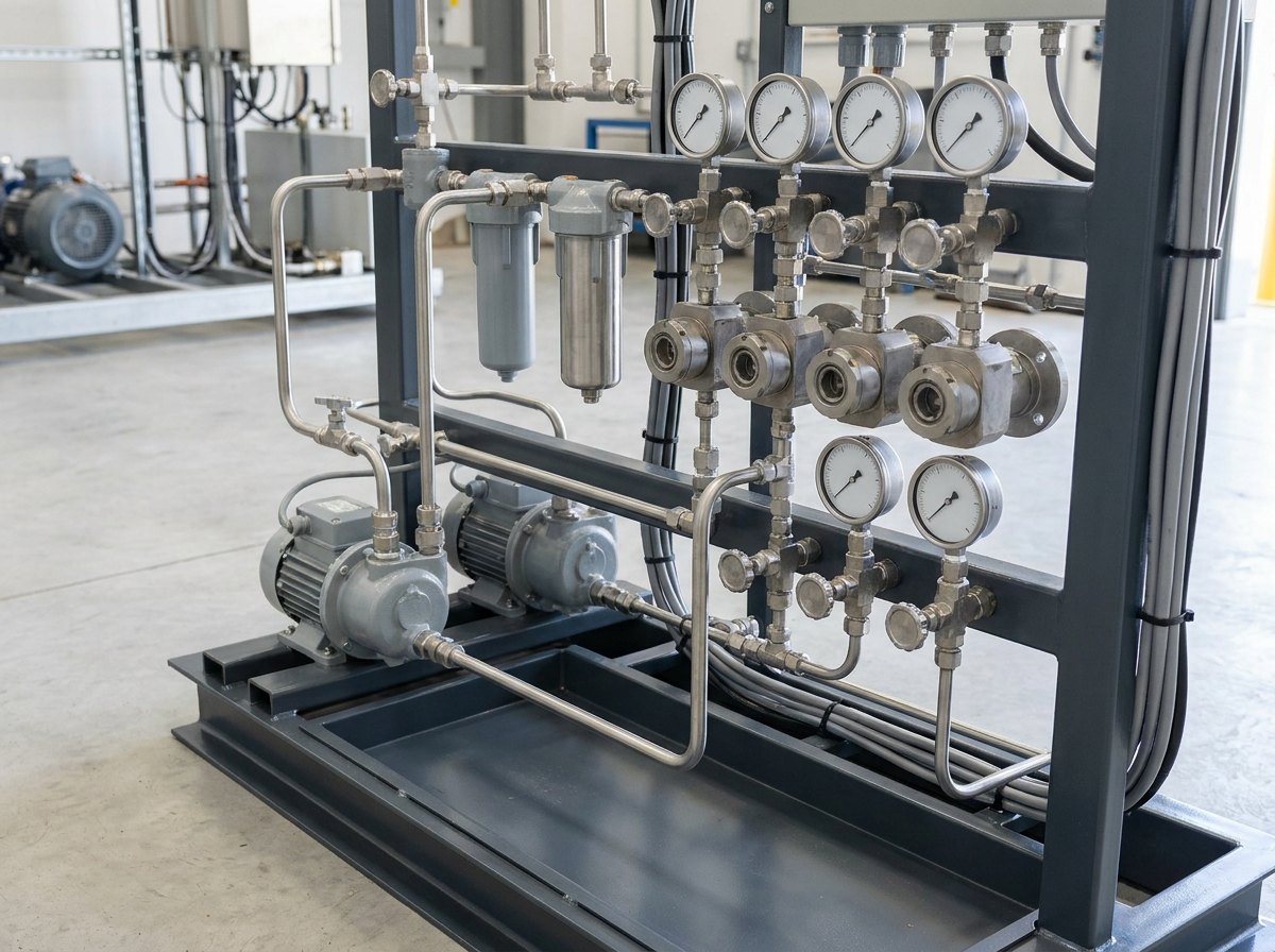 Fuel delivery and metering skid for an engine test bench: pumps, filters, flow instruments and stainless plumbing dressed on a compact frame
